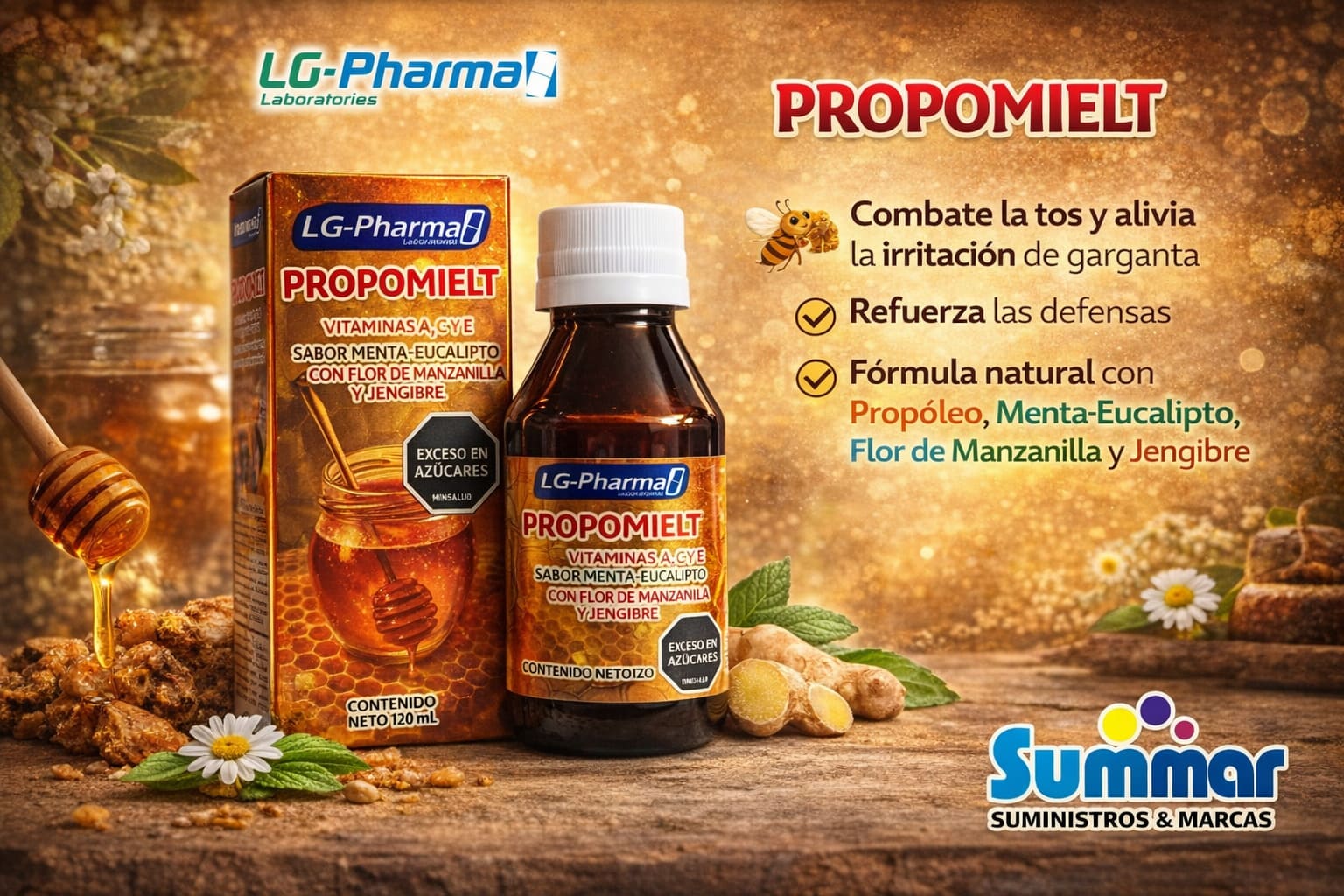 Propomielt  Frasco x 120ml (Vitamina A, C y E  Eucalipto con Flor de Jamaica y Jengibre) LG-PHARMA