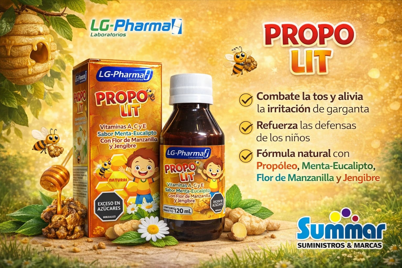 Propo Lit Jarabe Frasco x 120ml (Vitamina A, C y E Eucalipto con Flor de Jamaica y Jengibre) LG-PHARMA