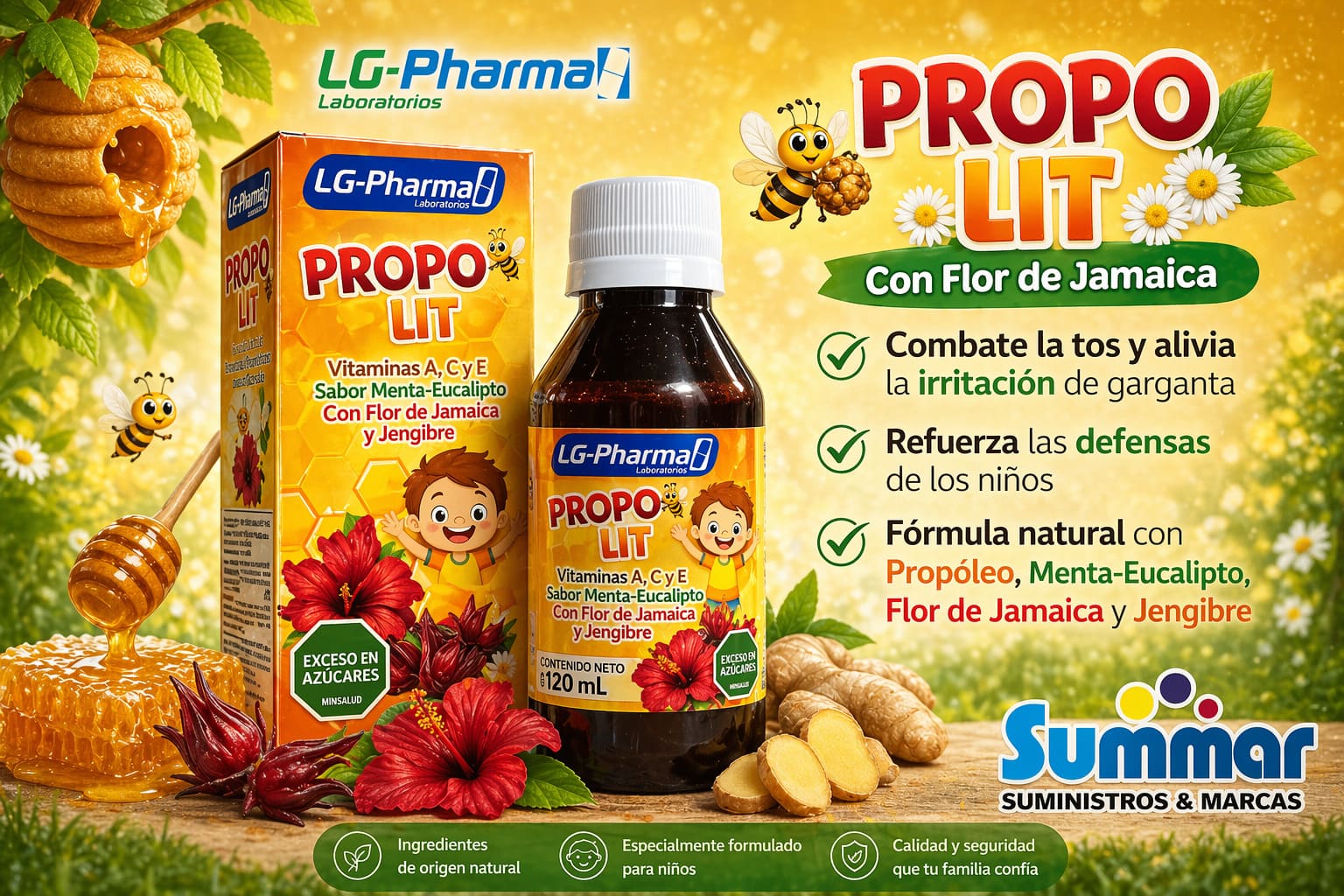 Propo Lit Jarabe Frasco x 120ml (Vitamina A, C y E Eucalipto con Flor de Jamaica y Jengibre) LG-PHARMA