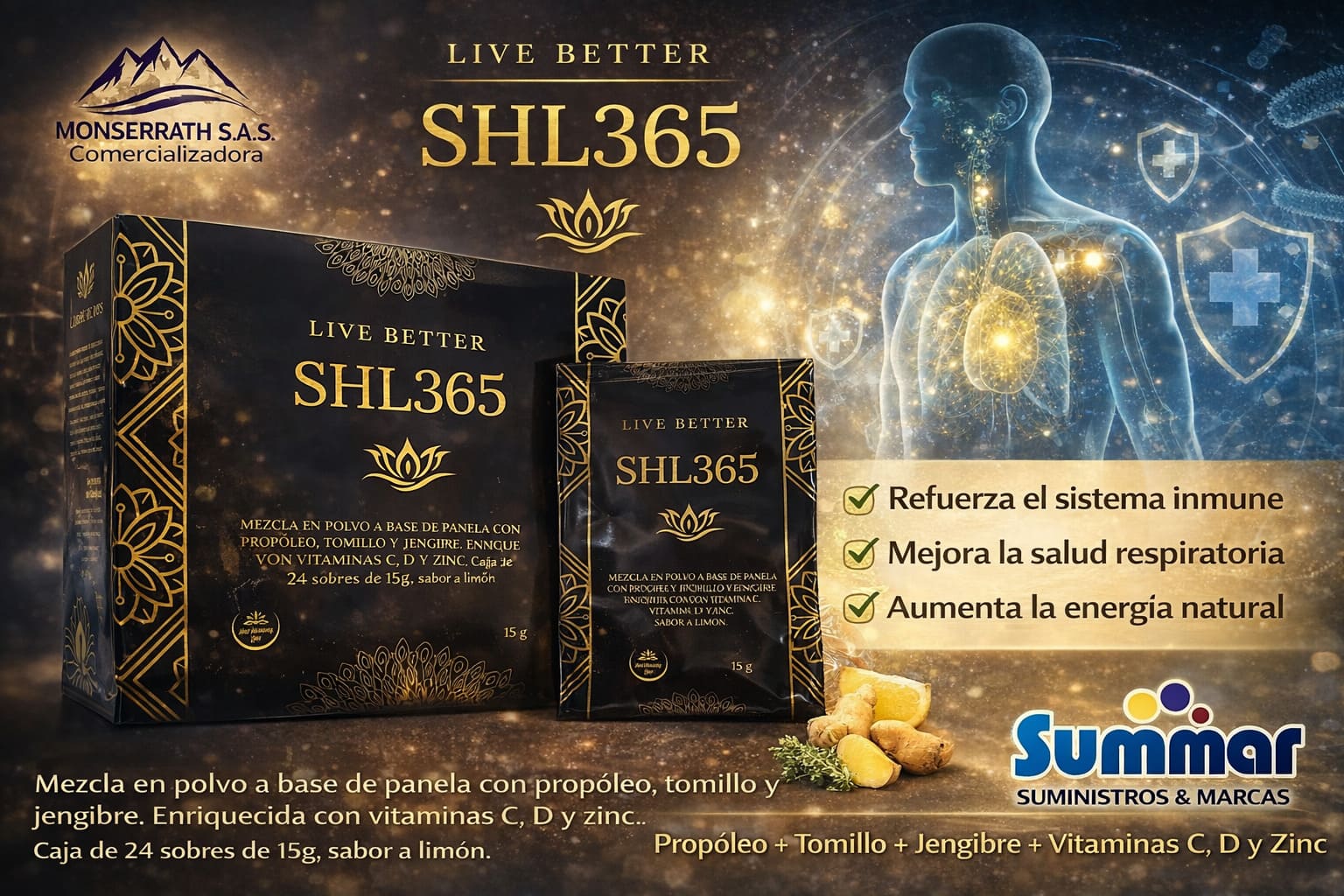 SHL365 Sabor a Limón Caja x 24 Sobres (Panela con Propoleo, Tomillo y JEngibre, Vitamina C, Vitamina D y Zinc) MONSERRATH