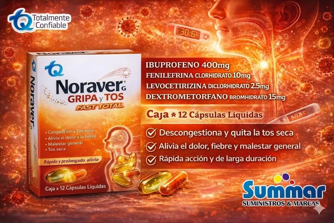 Noraver® Gripa y Tos Fast Total Caja x 6 Cápsulas (Ibuprofeno Fenilefrina Clorhidrato Levocetirizina Dextrometorfano Bromhidrato) TQ