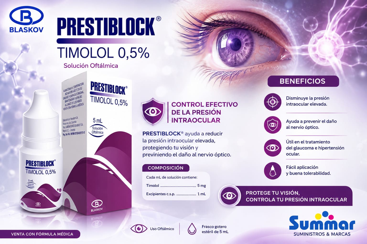 Prestiblock® 0.5% Solución Oftálmica Frasco x 15ml (Timolol) BLASKOV