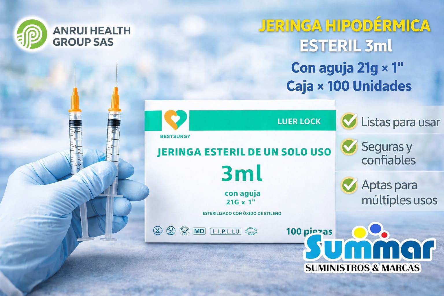 Jeringa Hipodérmica Estéril 3ml con aguja 21G x 1 Caja x 100 Unidades BESTSURGY