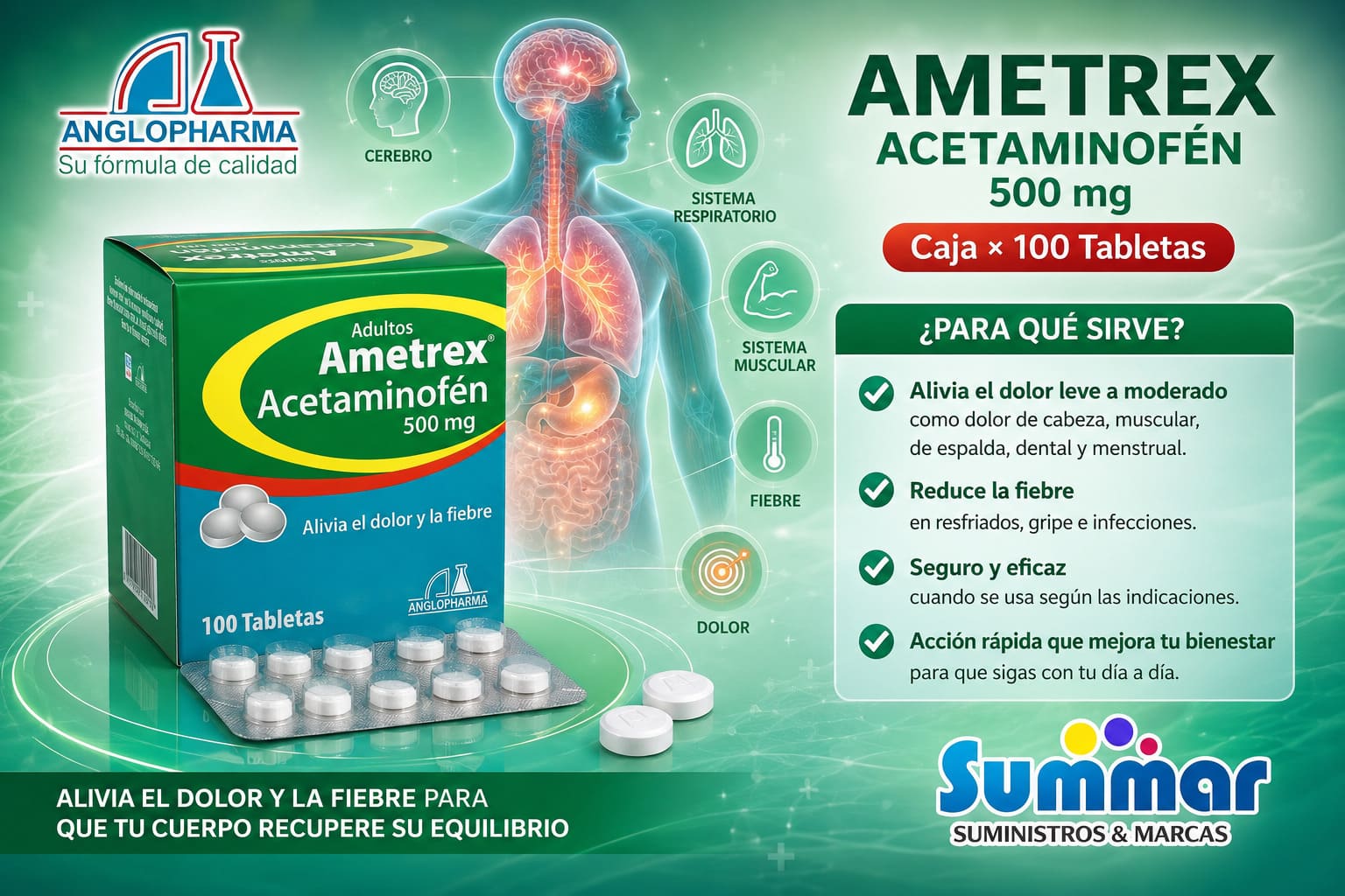Ametrex 500mg Caja x 100 Tabletas (Acetaminofen) ANGLOPHARMA