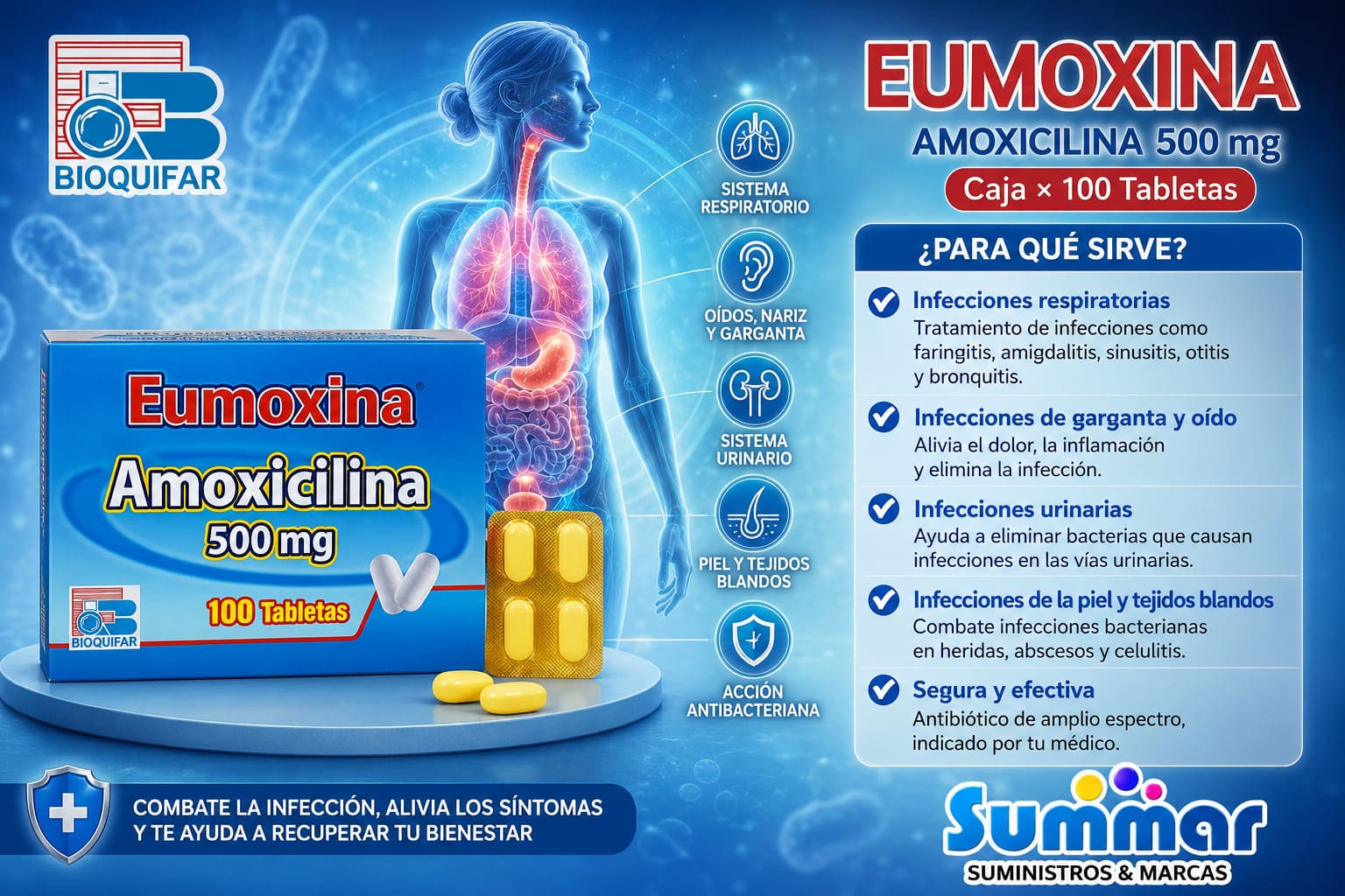 Eumoxina 500mg Caja x 100 Tabletas (Amoxicilina) BIOQUIFAR