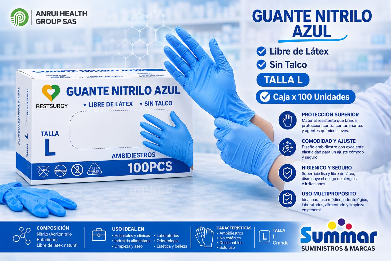 Guante Nitrilo Azul Sin Talco Talla L Caja x 100 Unidades  BESTSURGY