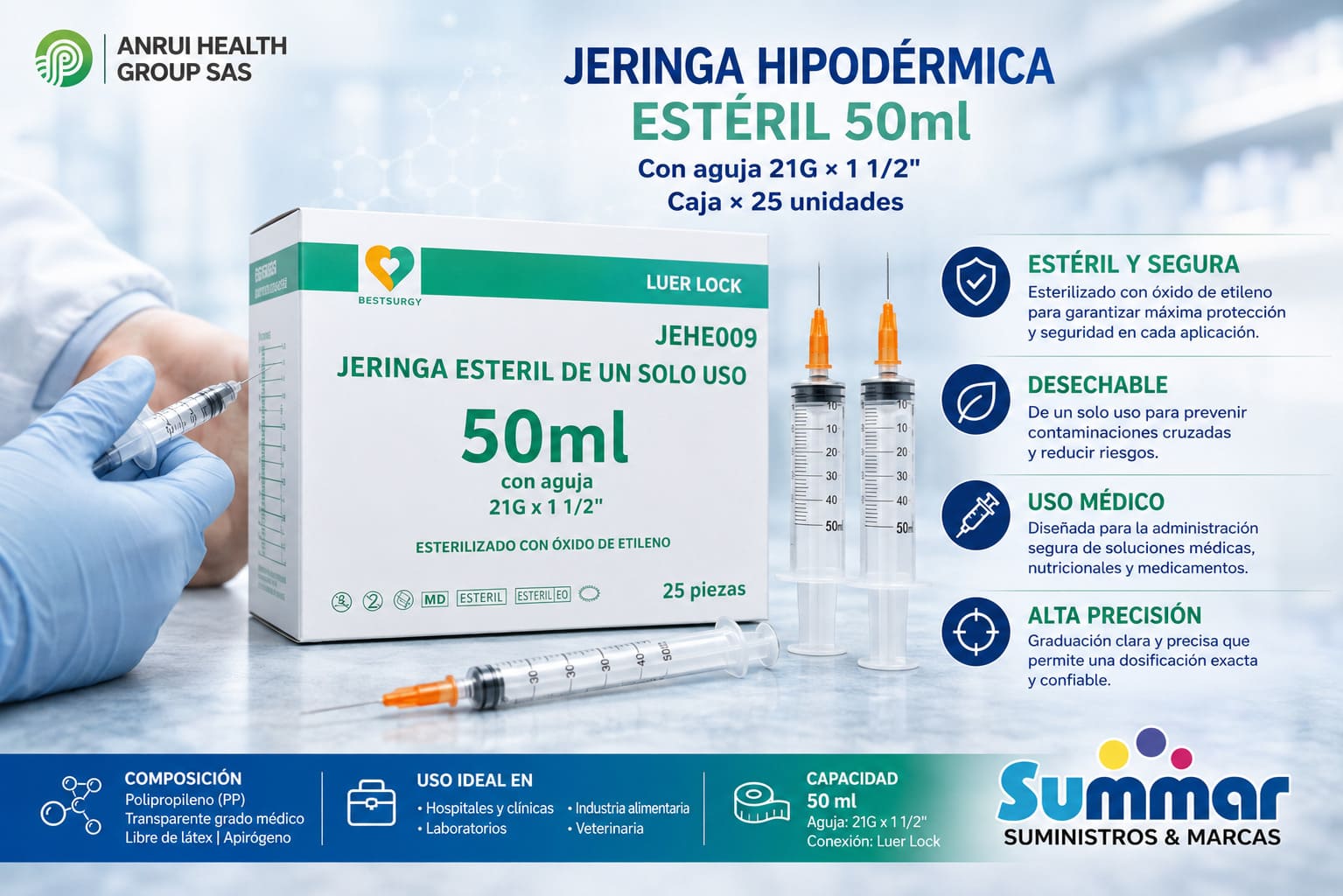 Jeringa Hipodérmica Estéril 50ml con aguja 21G x 1 1/2