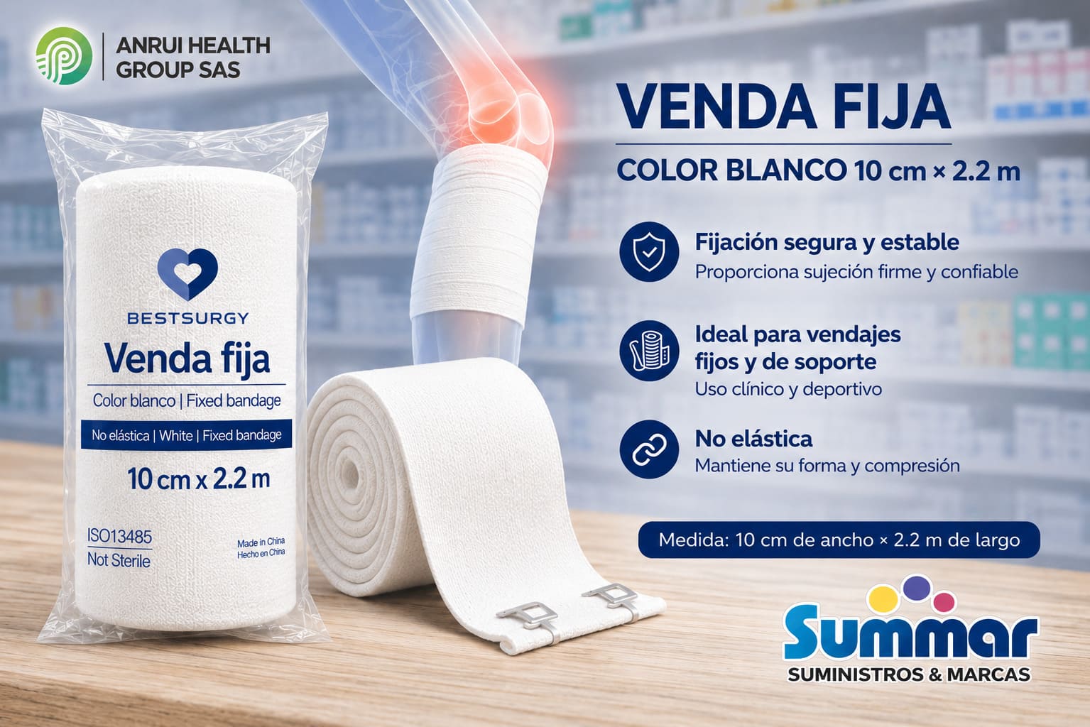 Venda Fija Color Blanco 10 cm x 2.2m BESTSURGY
