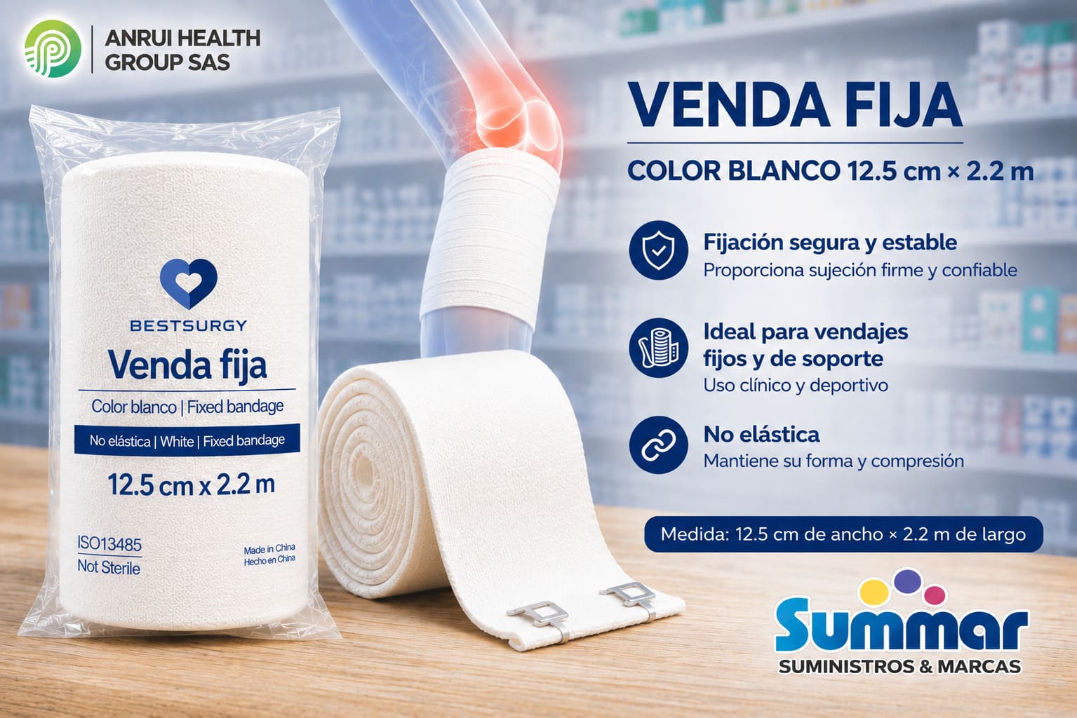 Venda Fija Color Blanco 12.5 cm x 2.2m BESTSURGY