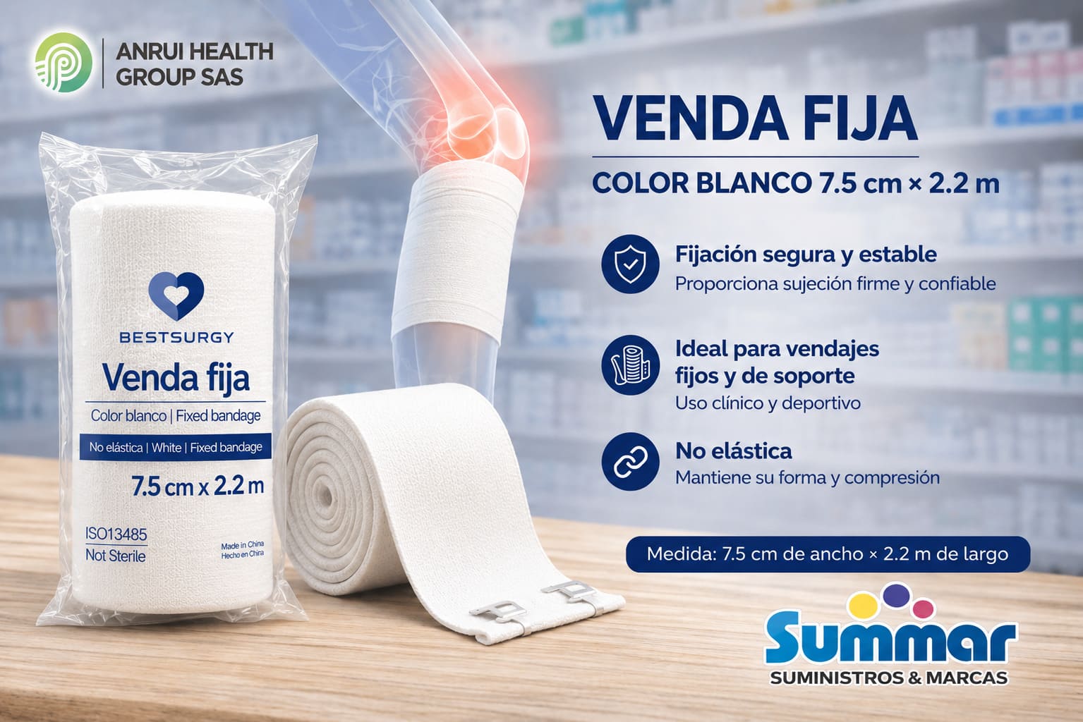 Venda Fija Color Blanco 7.5 cm x 2.2m BESTSURGY