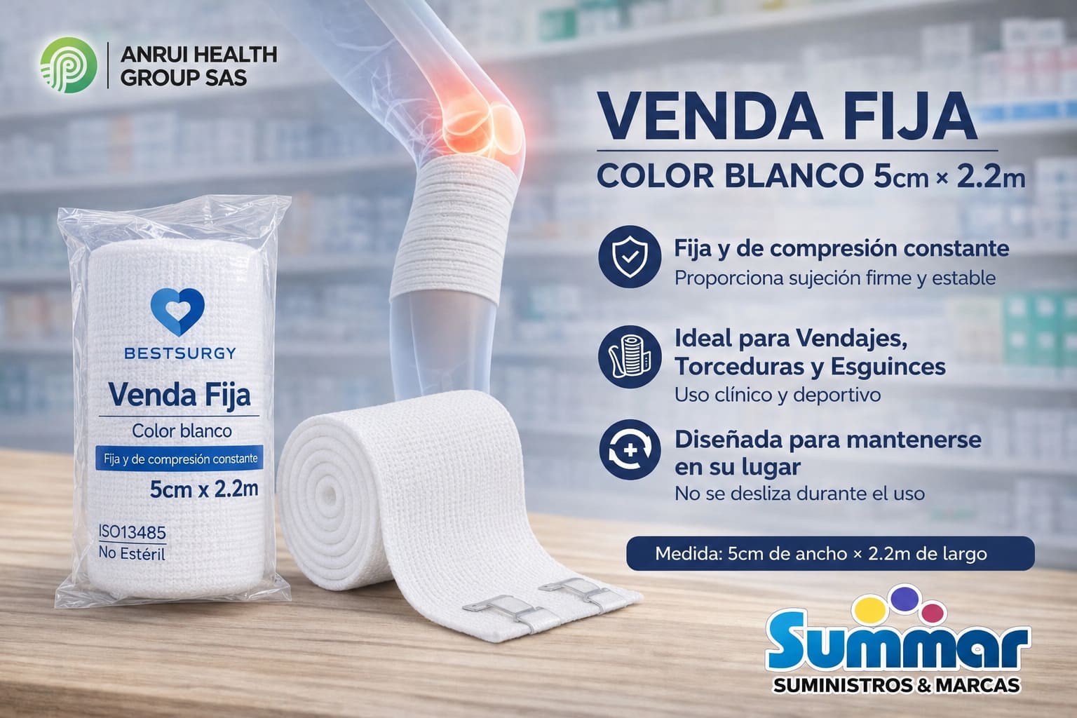 Venda Fija Color Blanco 5 cm x 2.2m BESTSURGY