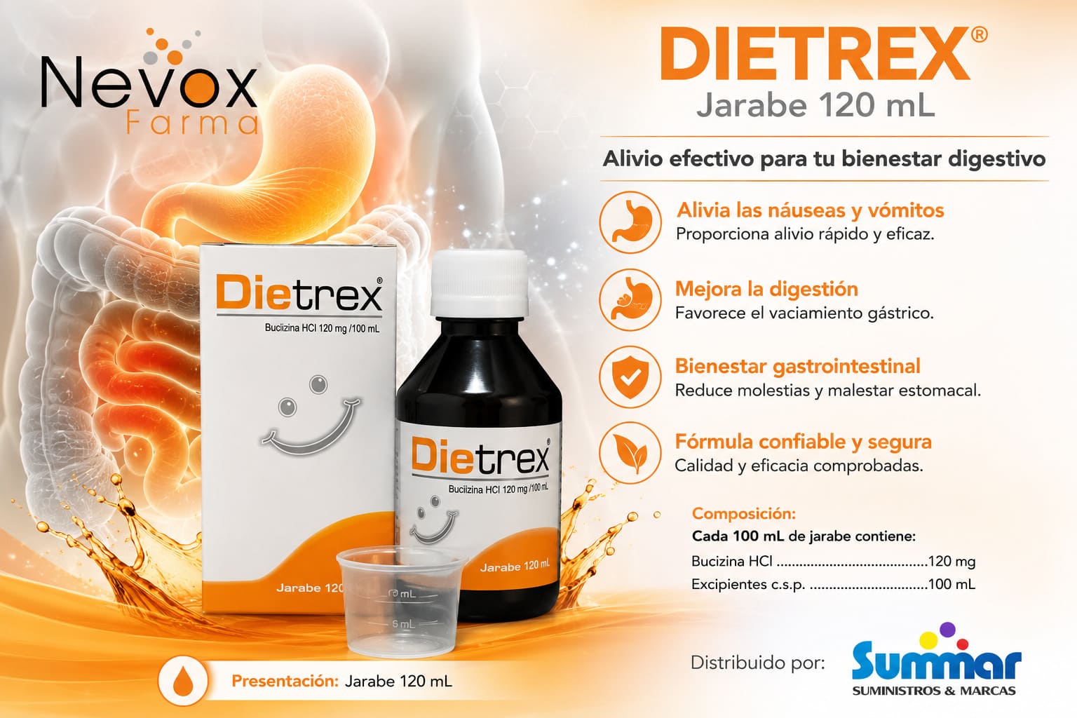 Dietrex Jarabe 120mg/100ml Frasco x 120ml (Buclizina HCI) NEVOX FARMA