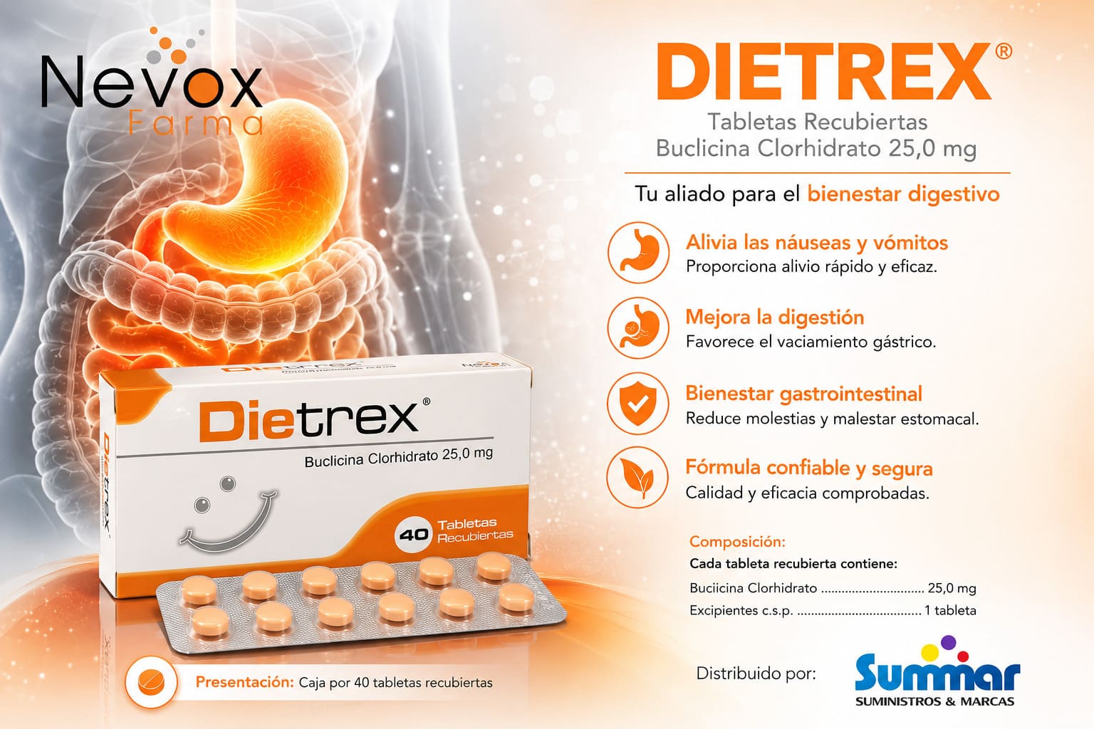 Dietrex 25,0mg Caja x 40 Tabletas Recubiertas (Buclizina Clorhidrato) NEVOX
