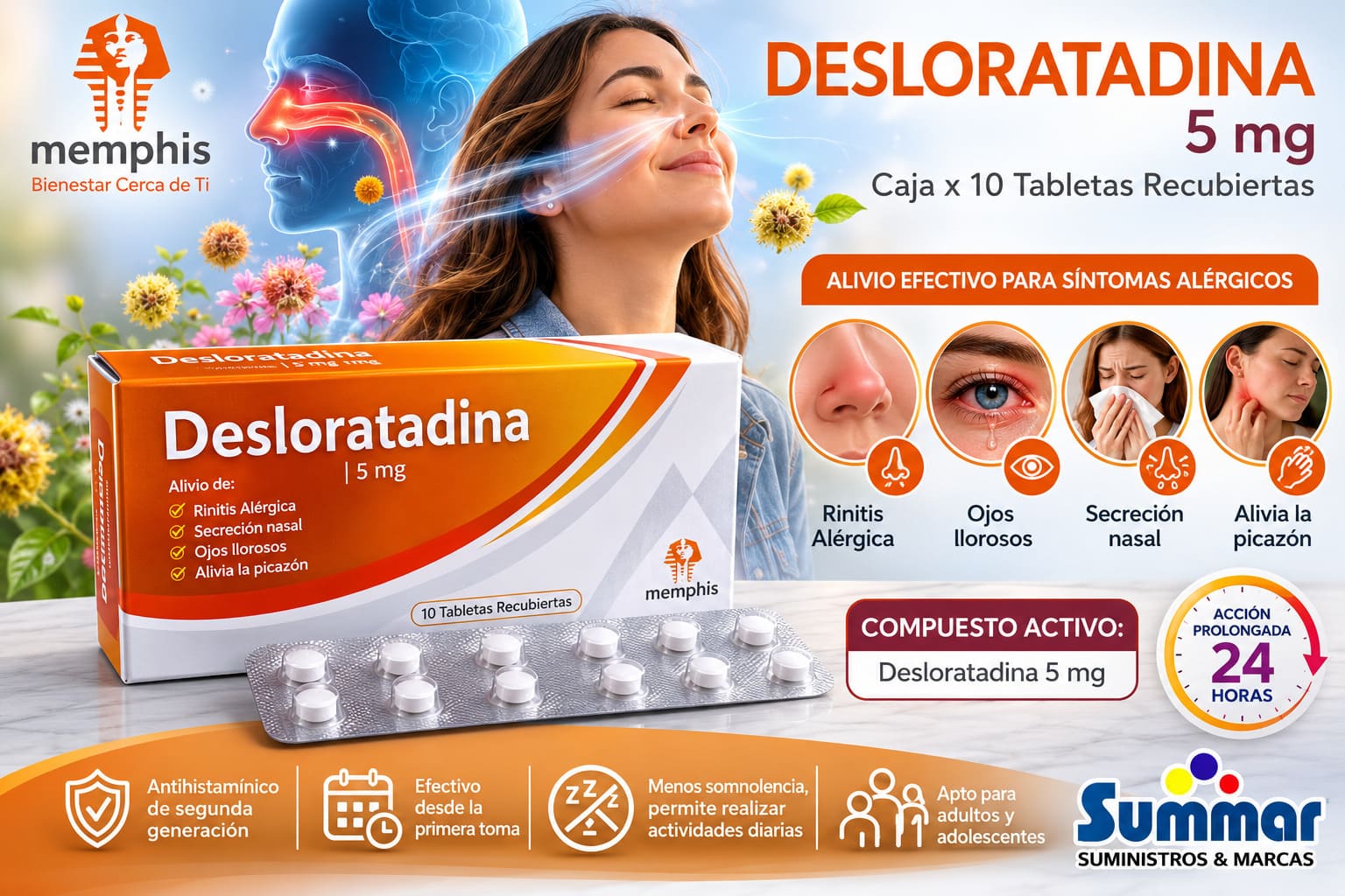 Desloratadina 5mg Caja x 10 Tabletas MEMPHIS