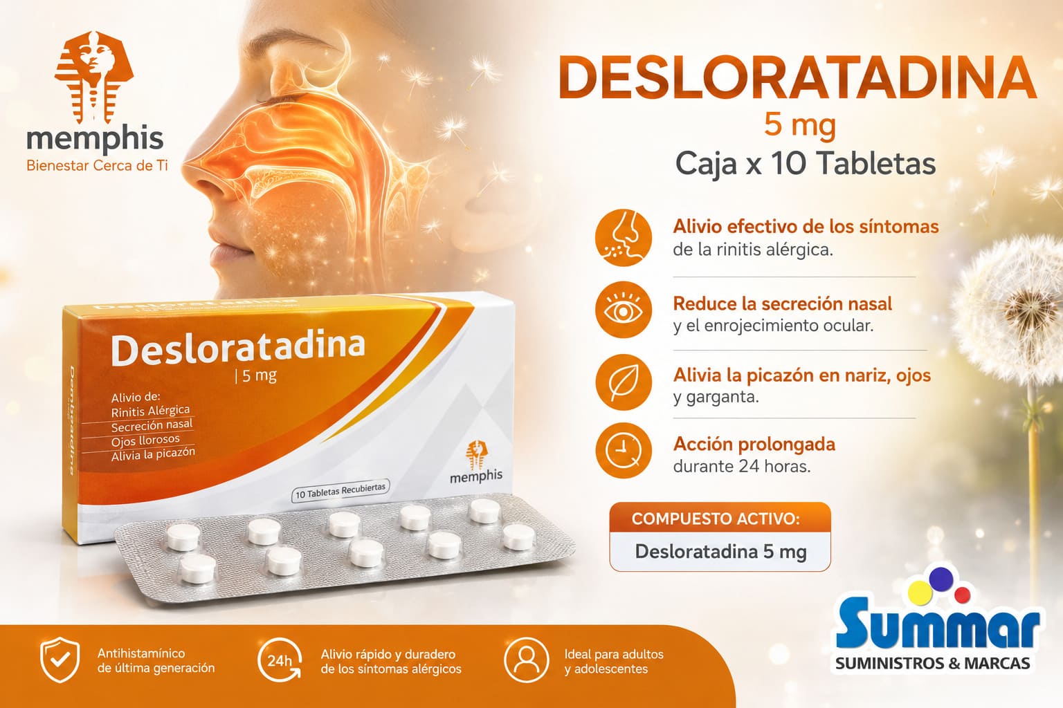 Desloratadina 5mg Caja x 10 Tabletas MEMPHIS