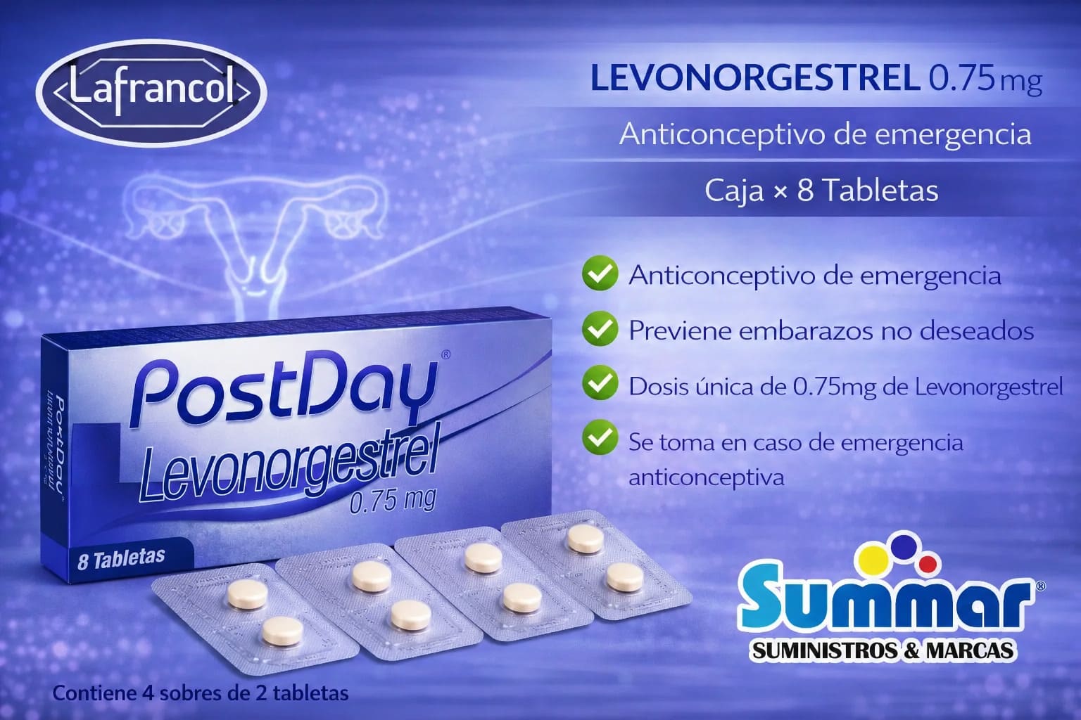 PostDay 0.75mg Caja x 8 Tabletas (Levonorgestrel) LAFRANCOL