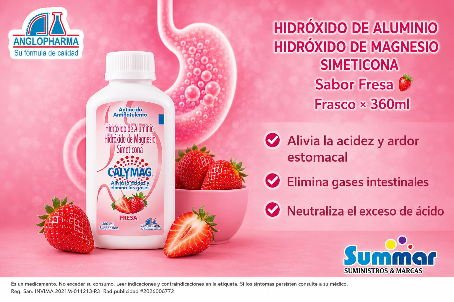 Calymag® Suspensión Fresa Frasco x 360ml (Hidróxido de Aluminio Aluminio de Magnesio Simeticona) ANGLOPHARMA