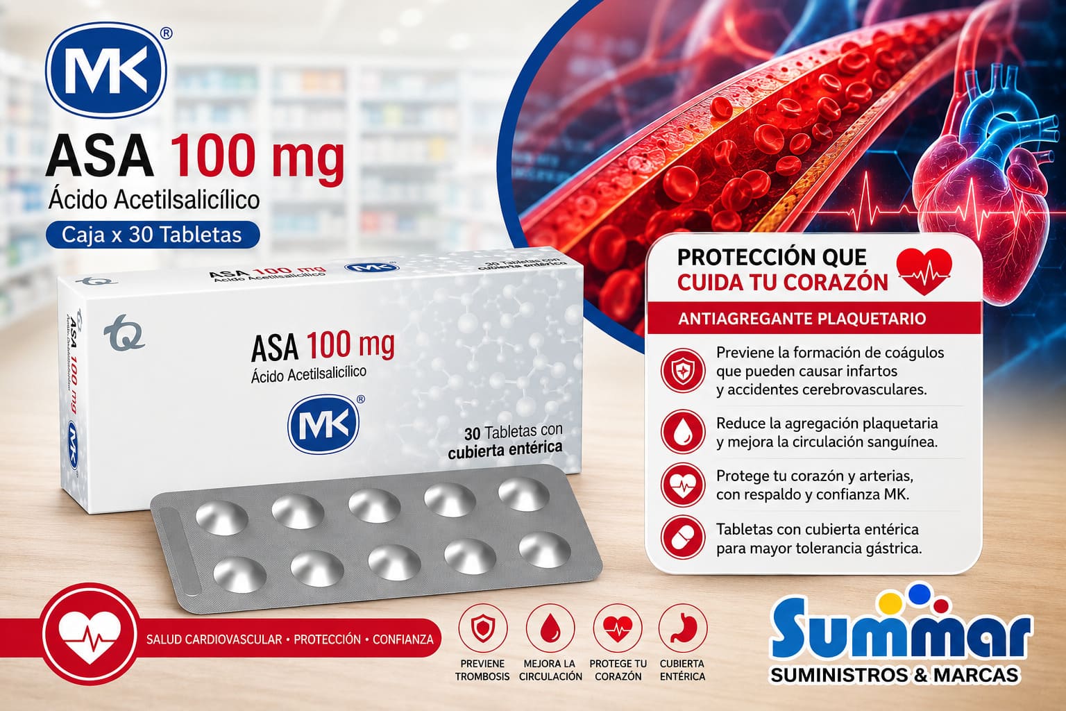 Asa 100mg Caja x 30 Tabletas con cubierta entérica (Ácido Acetilsalicílico) MK