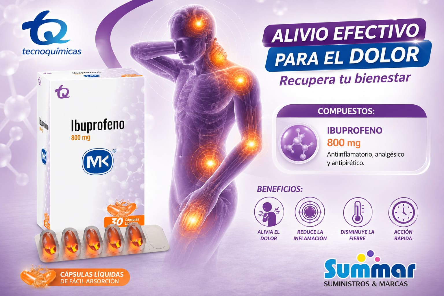 Ibuprofeno 800mg Caja x 30 Cápsulas Líquidas MK