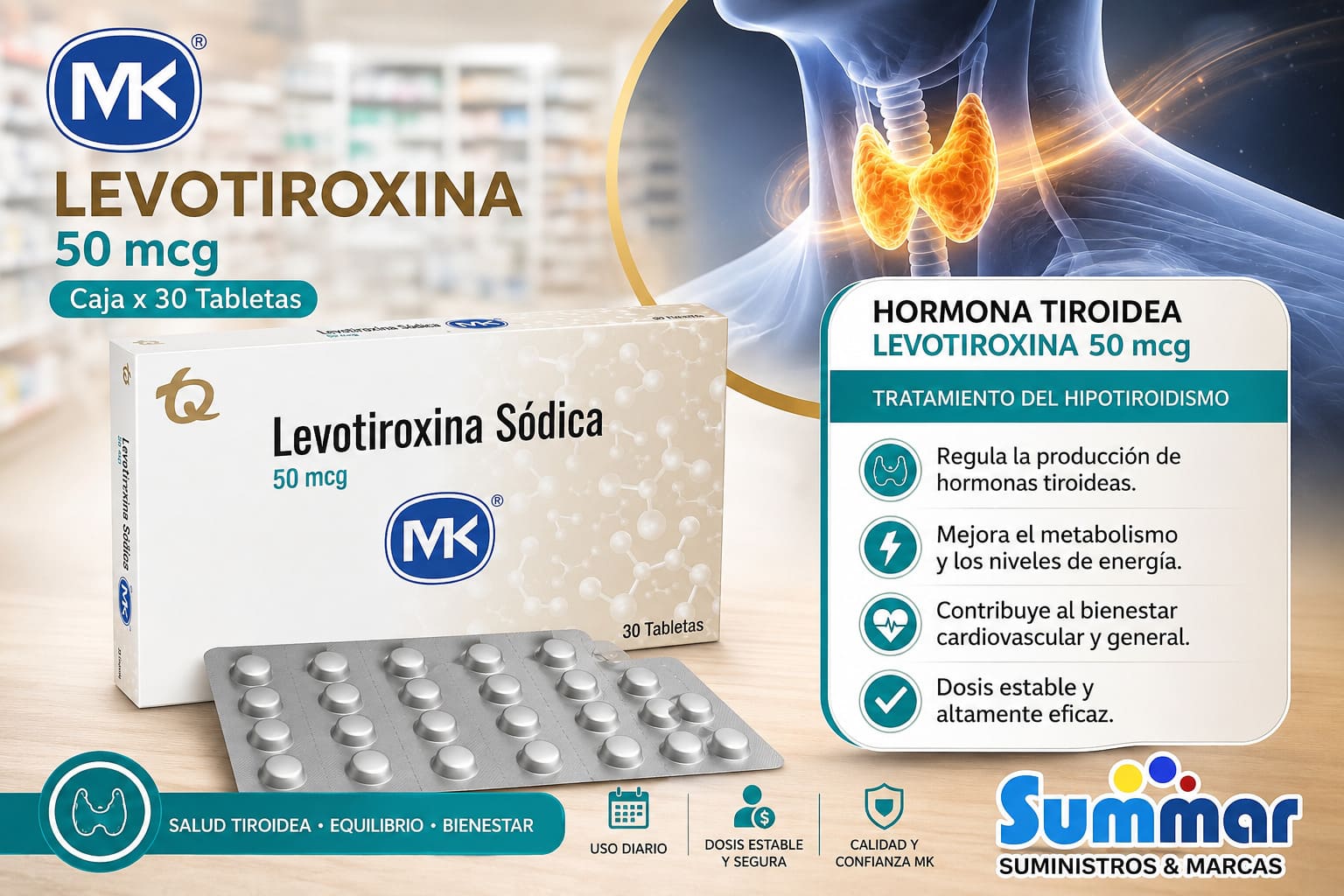 Levotiroxina Sódica 50mcg Caja x 30 Tabletas MK