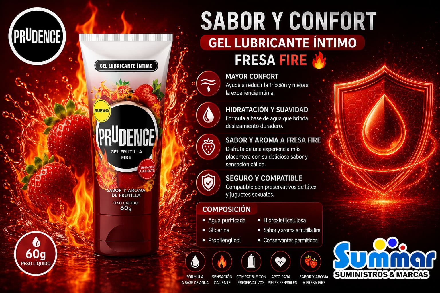 Gel Lubricante Prudence Sabor y Aroma de Frutilla Fire Tubo x 60g DKT