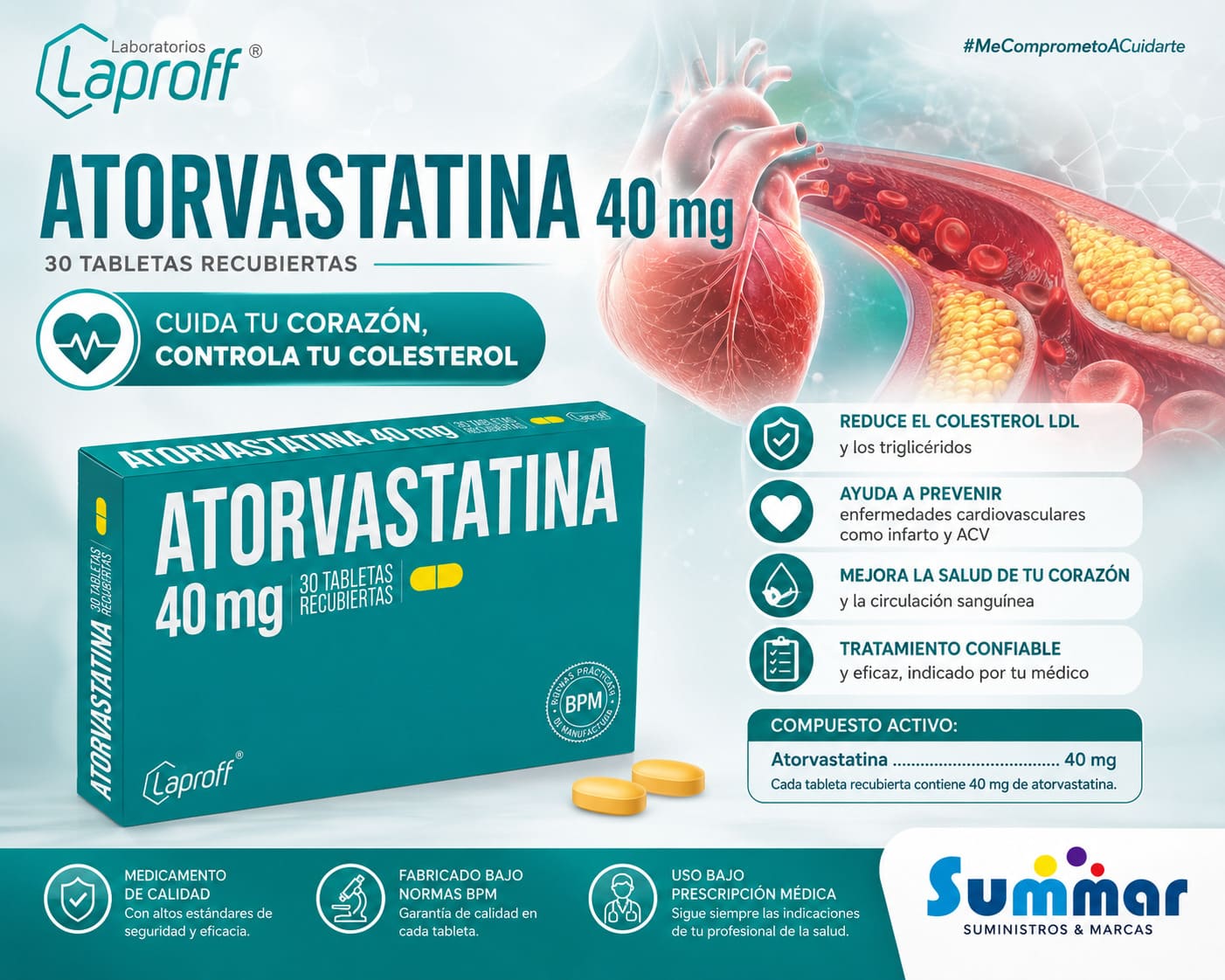 Atorvastatina 40mg Caja x 30 Tabletas Recubiertas LAPROFF
