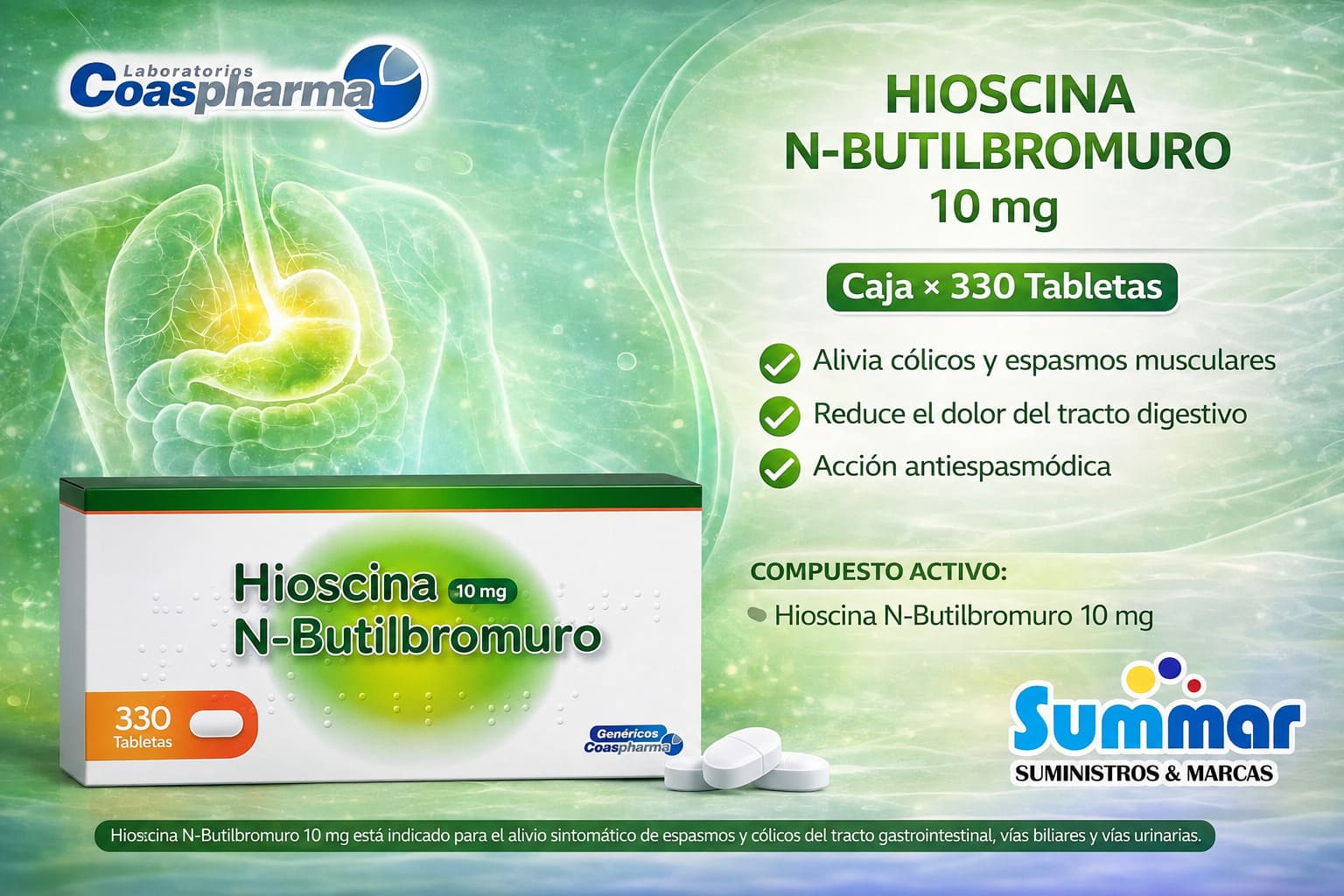 Hioscina N-Butil bromuro 10mg Caja x 330 Tabletas COASPHARMA