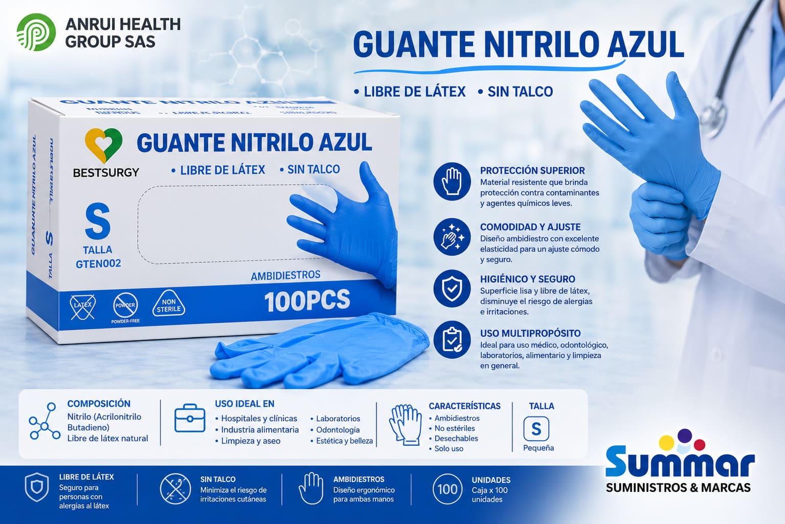 Guante Nitrilo Azul Sin Talco Talla S Caja x 100 Unidades  BESTSURGY