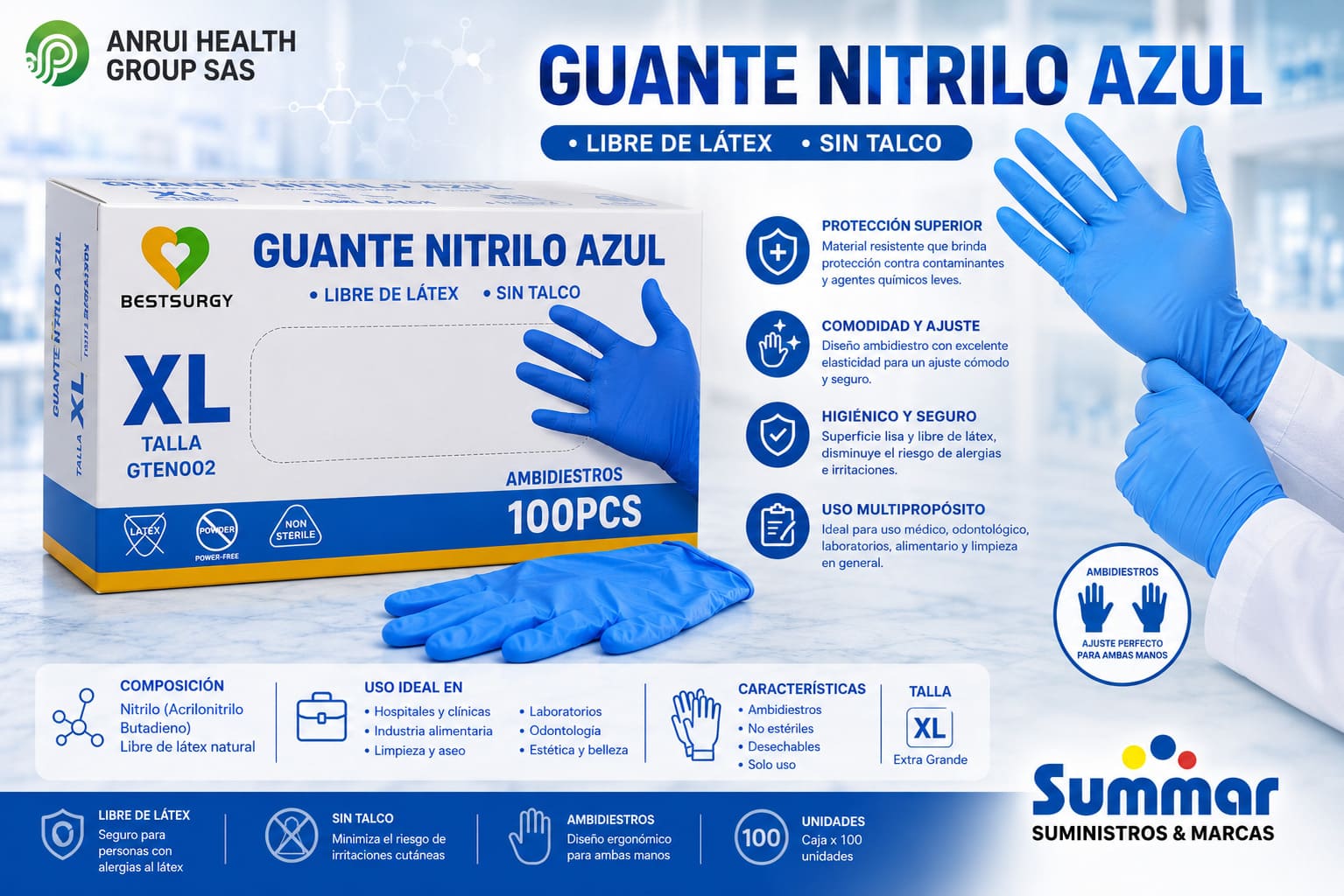 Guante Nitrilo Azul Sin Talco Talla XL Caja x 100 Unidades  BESTSURGY