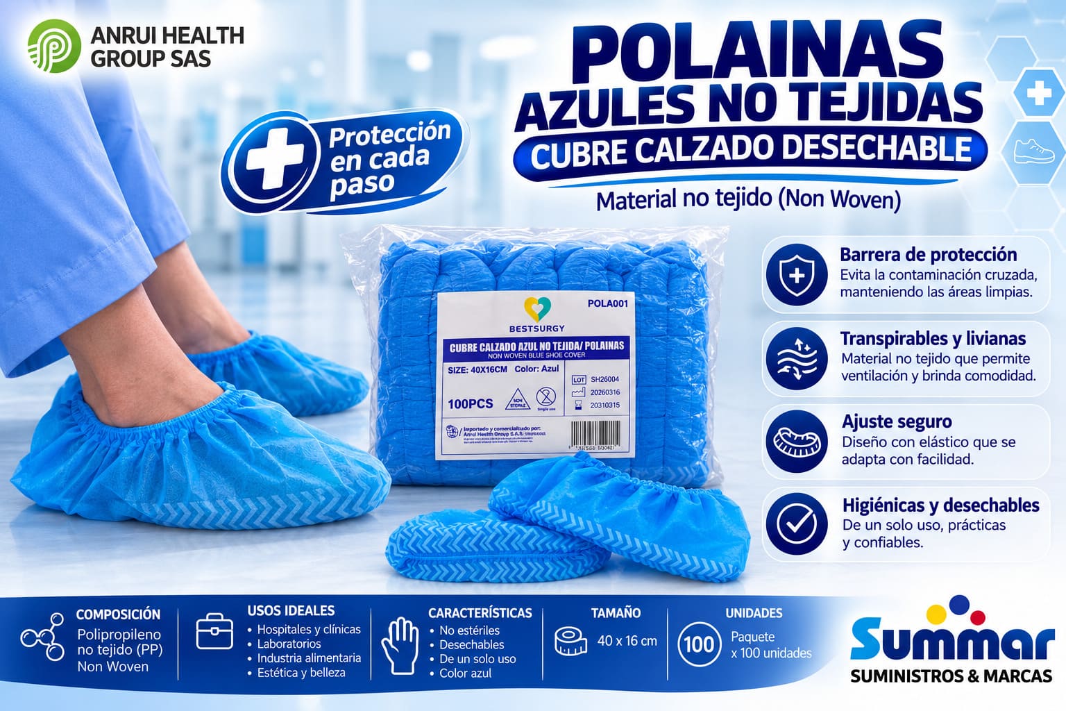 Cubre Calzado Color Azul no Tejida/ Polainas Paquete x 100 unidades BESTSURGY
