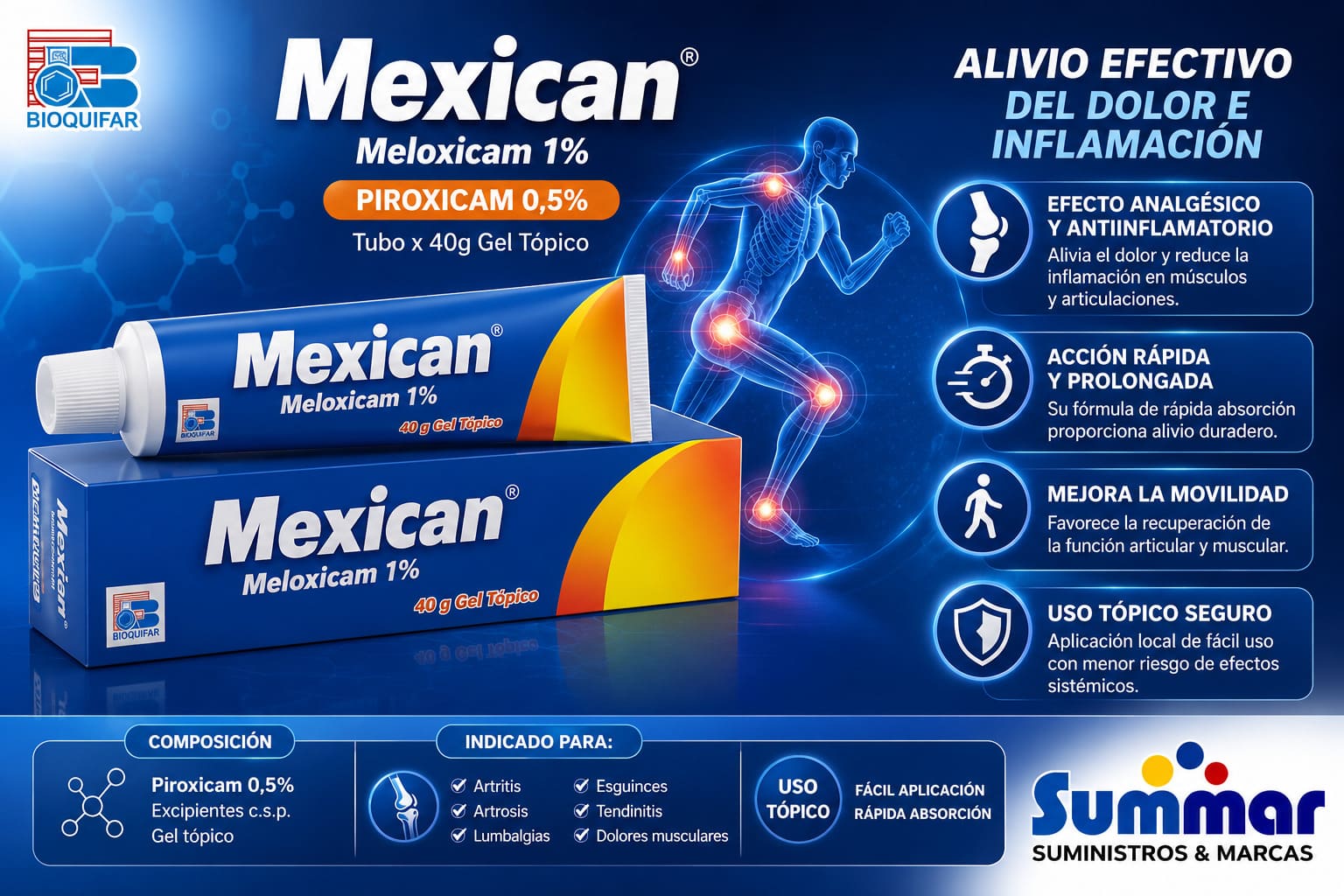 Mexican 1% Gel Tópico Tubo x 40g (Meloxicam) BIOQUIFAR