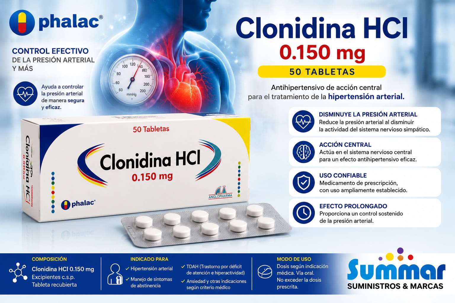 Clonidina HCI 0.150mg Caja x 50 Tabletas OPHALAC