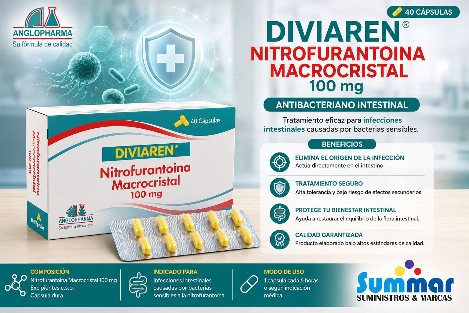Diviaren® 100mg Caja x 40 Cápsulas (Nitrofurantoina Macrocristal) ANGLOPHARMA
