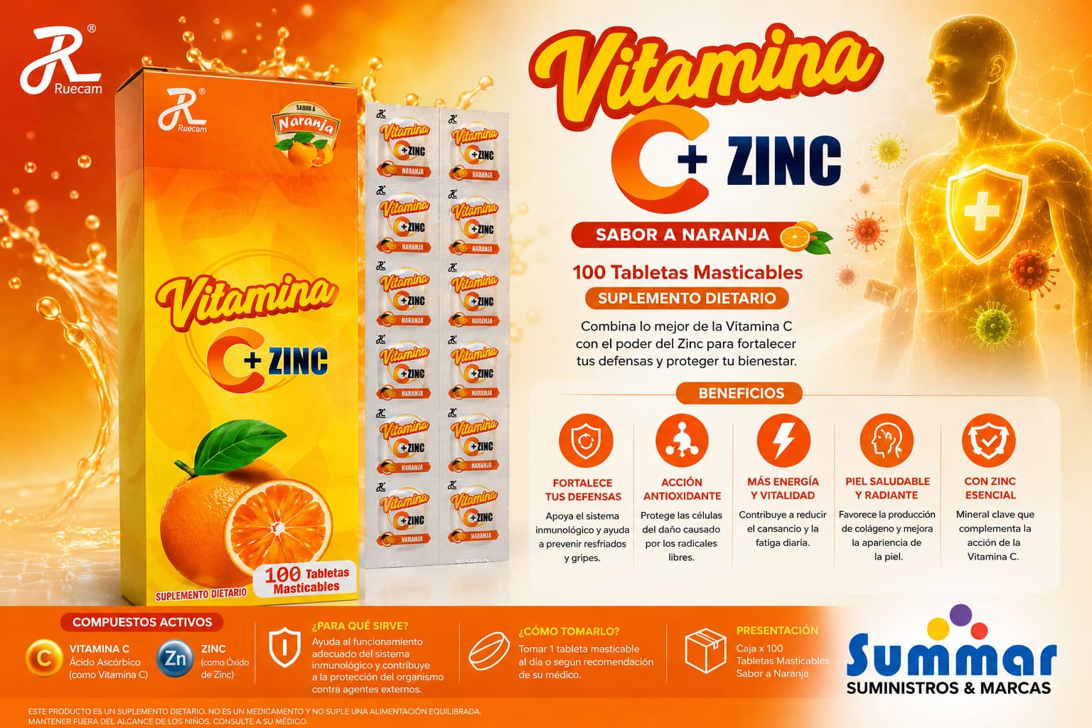 Vitamina C + Zinc 500mg Sabor a Naranja Caja x 100 Tabletas Masticables (Ácido Ascórbico) RUECAM
