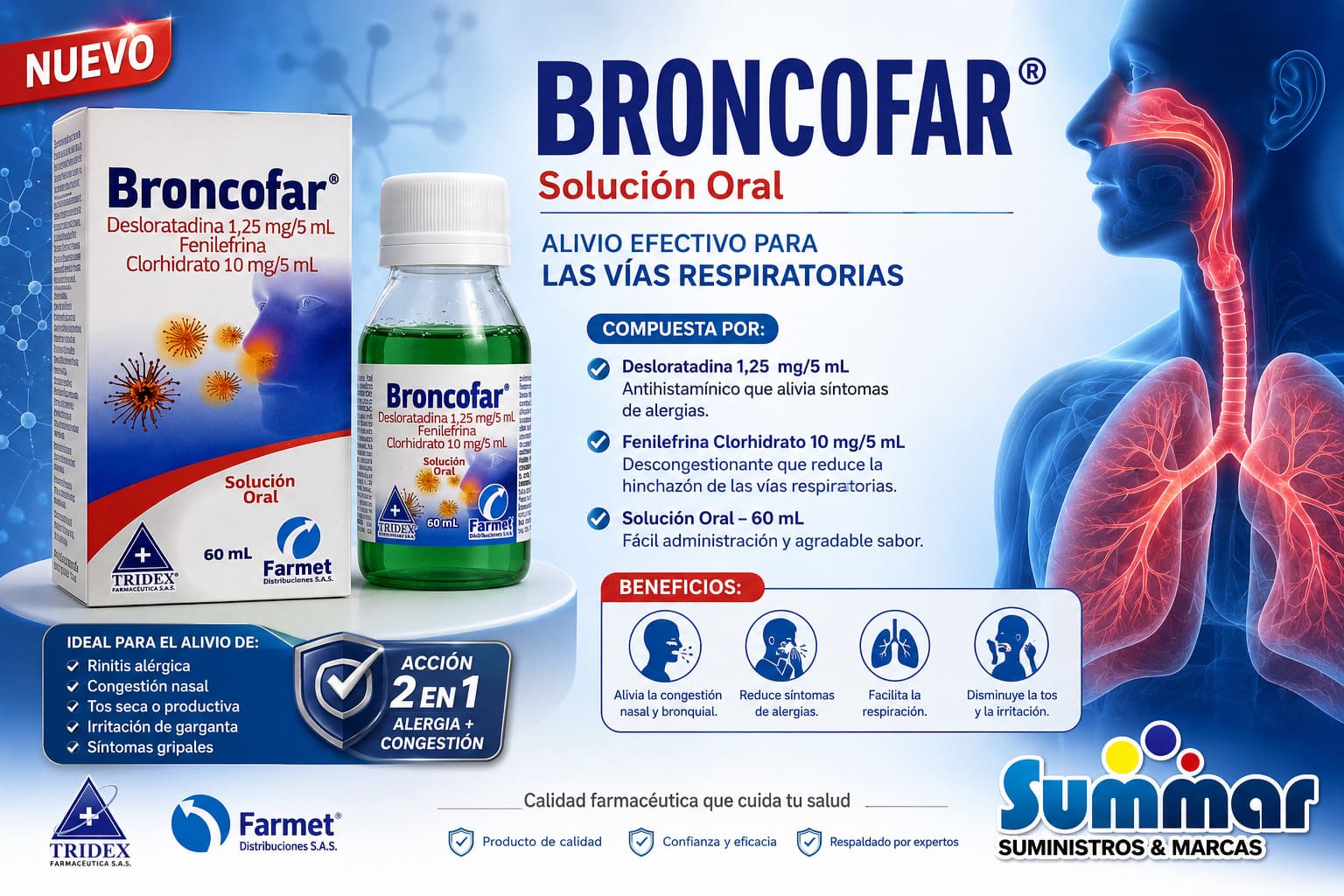 Broncofar Solución Oral Frasco x 60ml (Desloratadina Fenilefrina Clorhidrato) TRIDEX