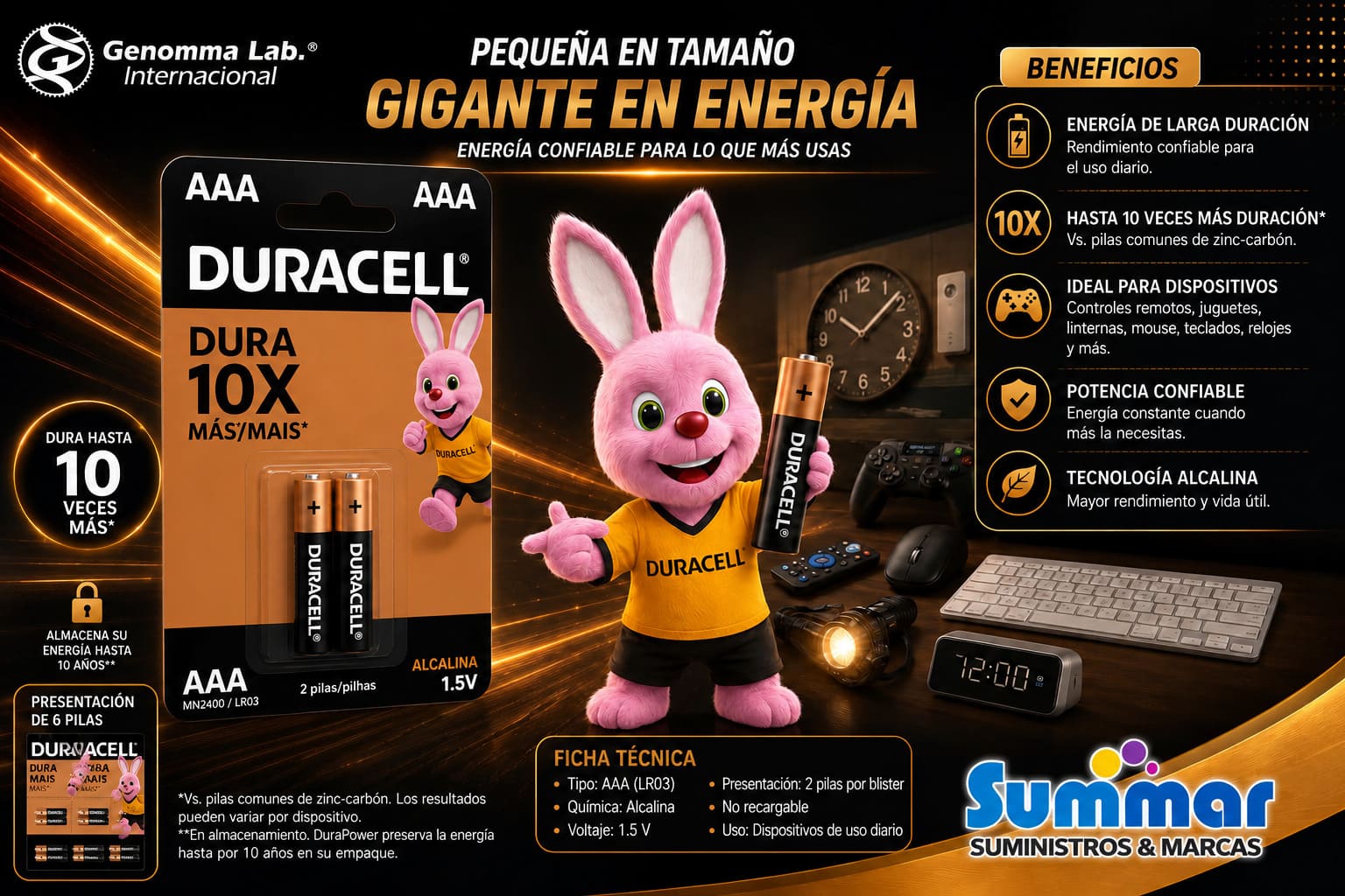 Duracell Pila Alkalina AAA Display x 6 Pares x 2 Unidades GENOMMA LAB