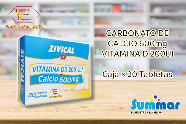 Zivical D 600mg Caja x 20 Tabletas (Carbonato de Calcio Vitamina D) LABQUIFAR