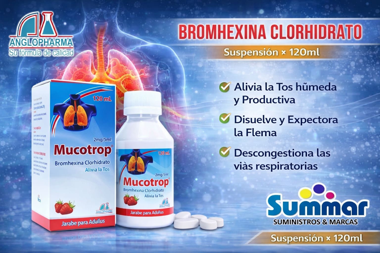 Mucotrop Adulto Frasco x 120ml (Bromhexina Clorhidrato) ANGLOPHARMA