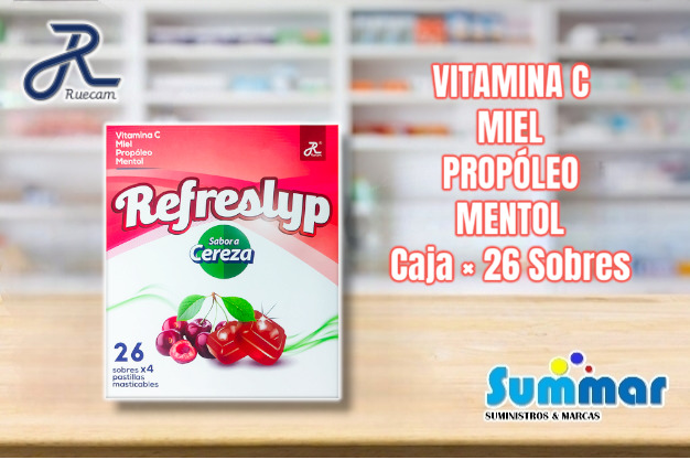 Refreslyp Cereza Caja x 26 Sobres x 4 Pastillas (Vitamina C Miel Propóleo Mentol) RUECAM