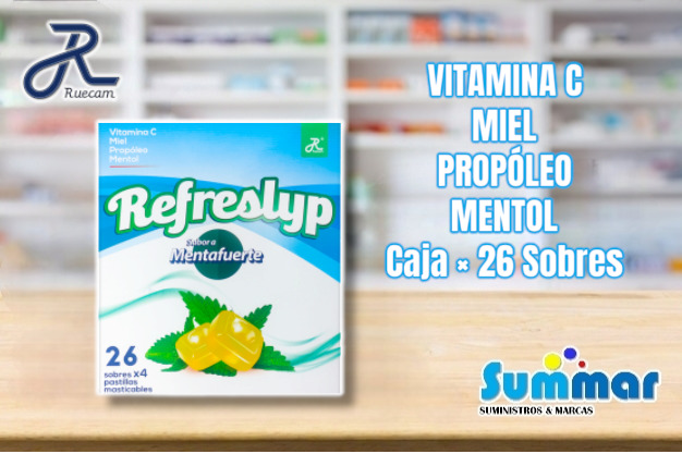 Refreslyp Menta Fuerte Caja x 26 Sobres x 4 Pastillas (Vitamina C Miel Propóleo Mentol) RUECAM