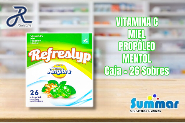 Refreslyp Menta Jengibre Caja x 26 Sobres x 4 Pastillas (Vitamina C Miel Propóleo Mentol) RUECAM