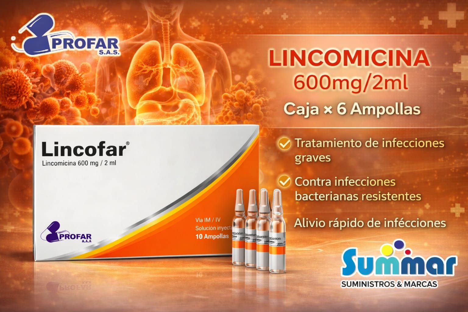 Lincofar 600mg/2ml Caja x 10 Ampollas (Lincomicina) PROFAR S.A.S