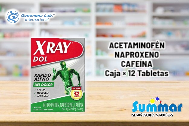 X Raydol Caja x 12 Tabletas (Acetaminofen Naproxeno Cafeína) GENOMMA LAB