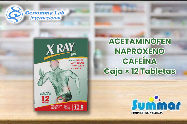 X Raydol Caja x 12 Tabletas (Acetaminofen Naproxeno Cafeína) GENOMMA LAB