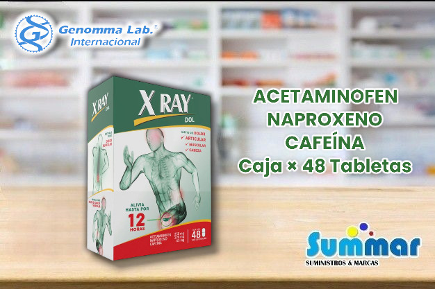 X Raydol Caja x 48 Tabletas (Acetaminofén + Naproxeno + Cafeína) GENOMMA LAB