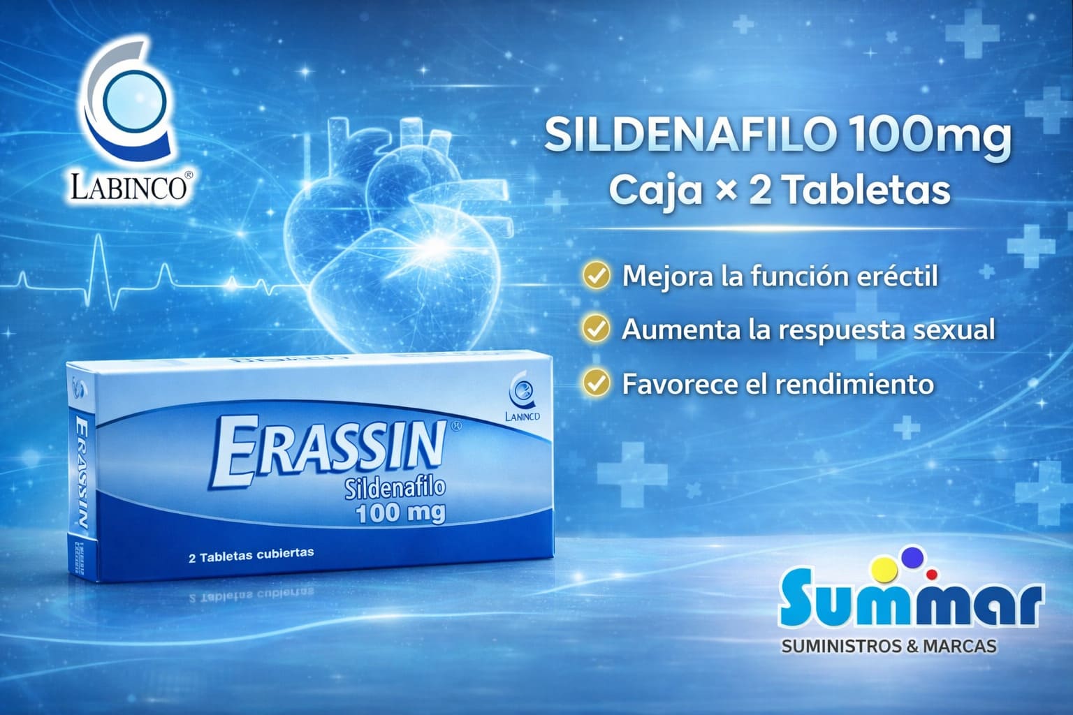 Erassin 100mg Caja x2 Tabletas (Sildenafilo) LABINCO
