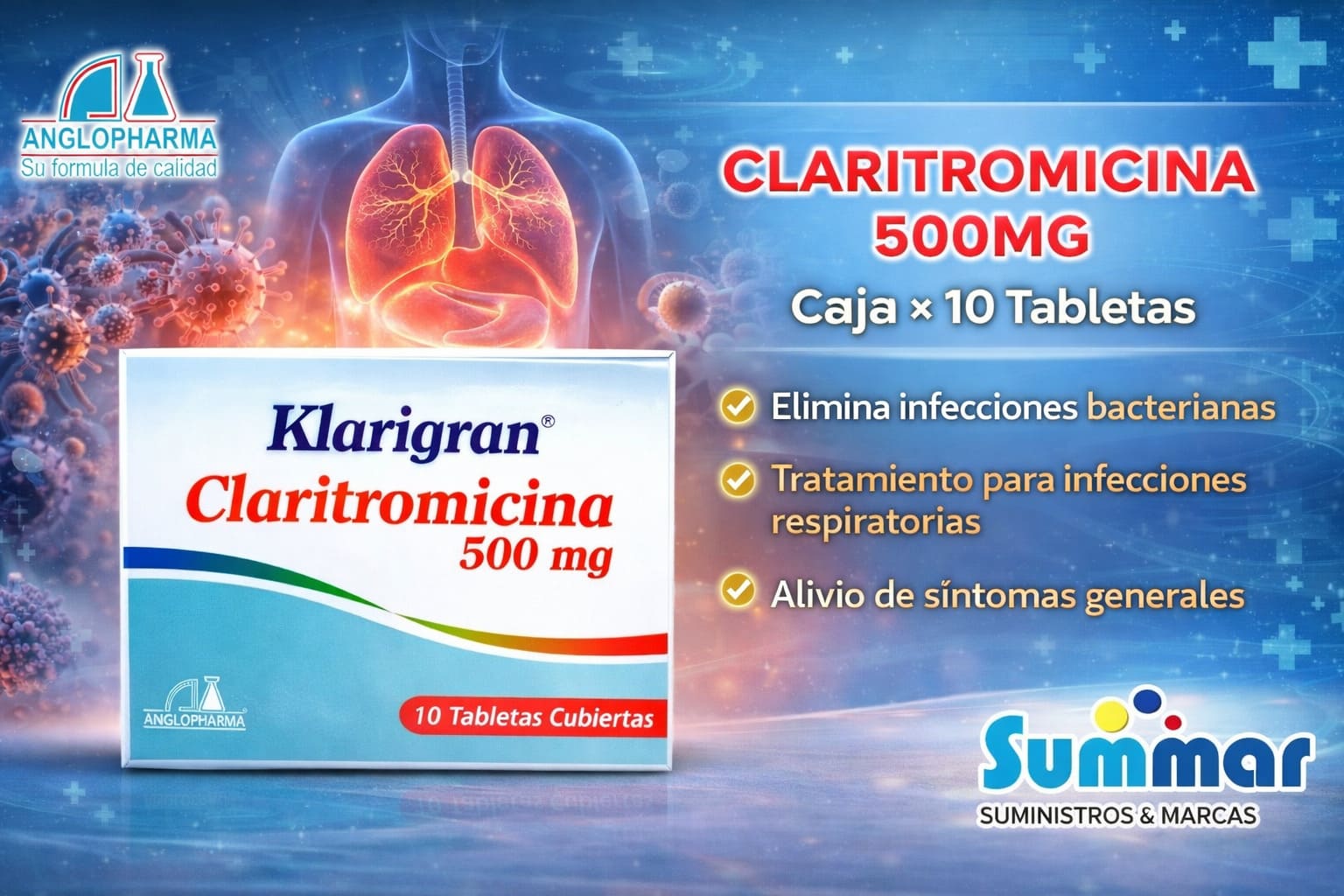 Klarigram 500mg Caja x 10 Tabletas (Claritromicina) ANGLOPHARMA