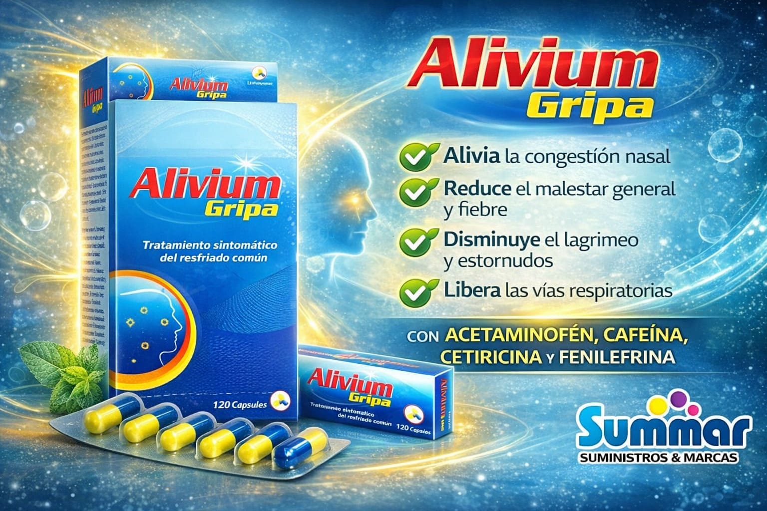 Alivium Gripa Caja x 120 Cápsulas (Acetaminofén Cafeína Cetirizina Fenilefrina) ANGLOPHARMA