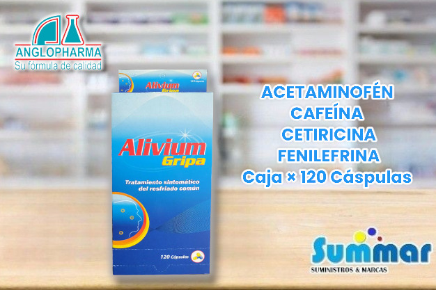 Alivium Gripa Caja x 120 Cápsulas (Acetaminofén Cafeína Cetirizina Fenilefrina) ANGLOPHARMA