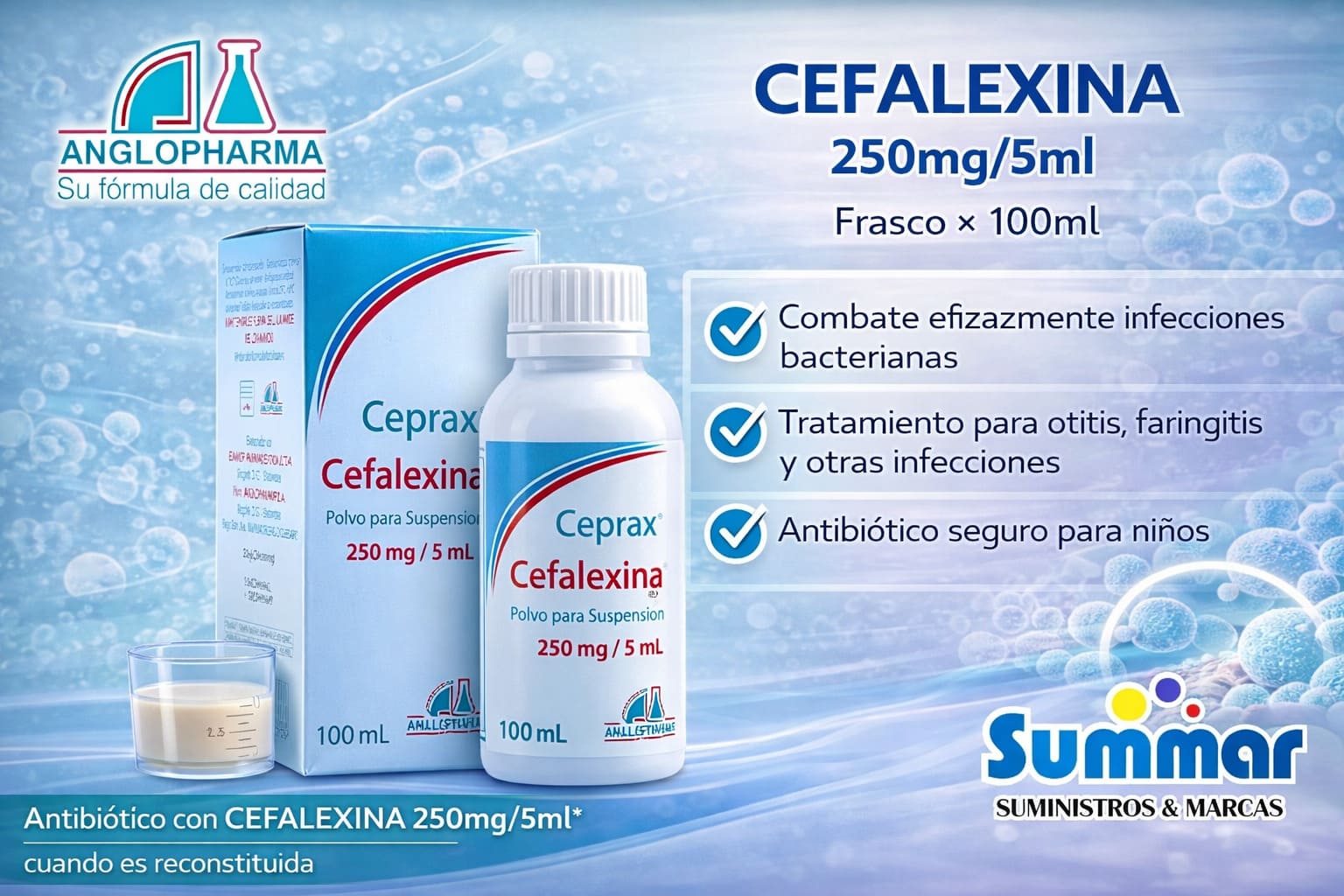 Ceprax 250mg/5ml Frasco x 100ml (Cefalexina) ANGLOPHARMA